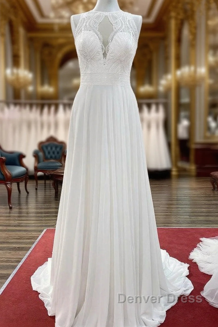 Modest Long A-line Chiffon Jewel Appliques Open Back Wedding Dresses Main image