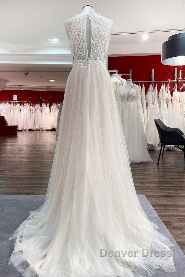 Modest Long A Line Halter Tulle Lace Backless Wedding Dresses Secondary image