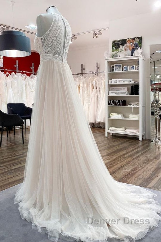 Modest Long A-line Halter Tulle Lace Backless Wedding Dresses