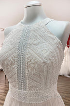 Modest Long A Line Halter Tulle Lace Backless Wedding Dresses