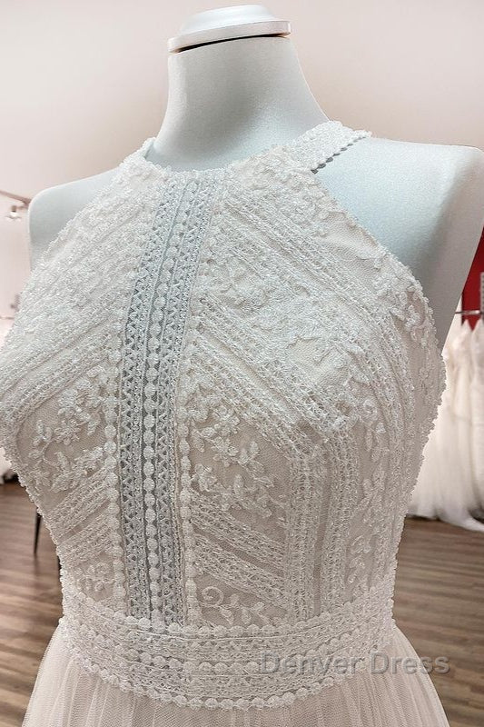 Modest Long A Line Halter Tulle Lace Backless Wedding Dresses
