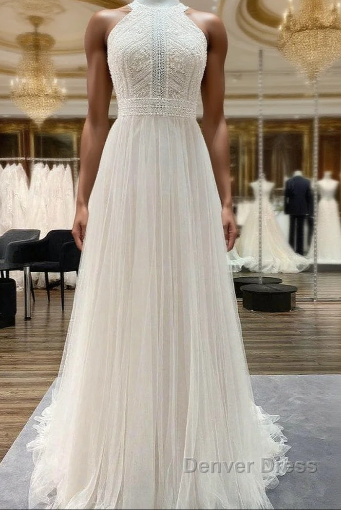 Modest Long A-line Halter Tulle Lace Backless Wedding Dresses Main image