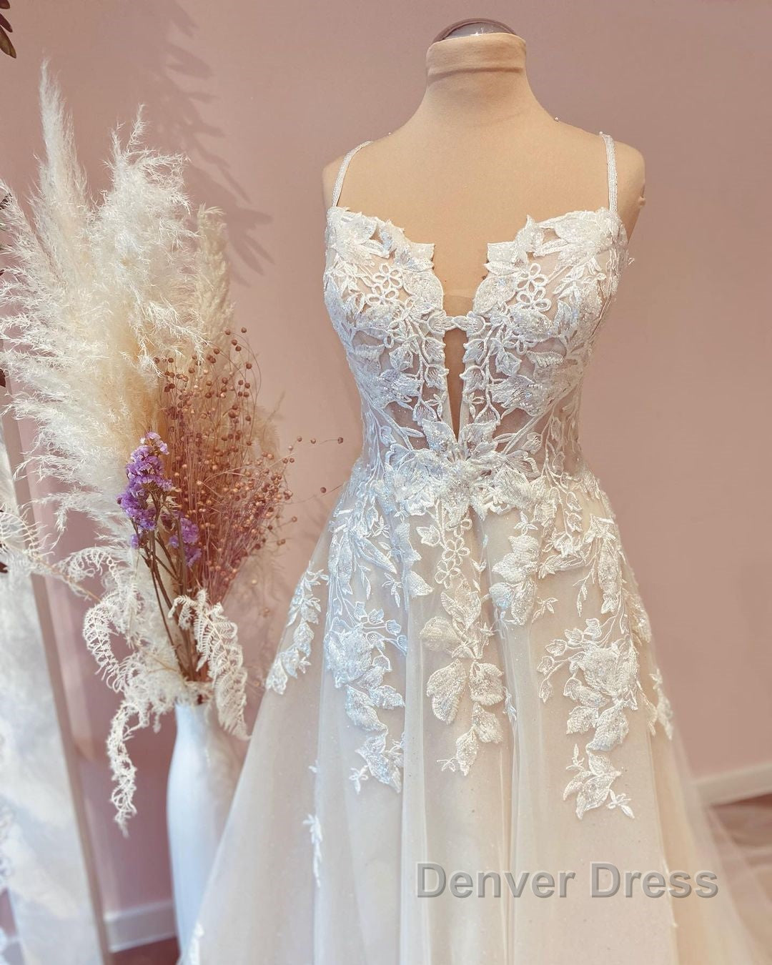 Modest Long A Line Spaghetti Straps Tulle Wedding Dresses with Appliques Lace Secondary image