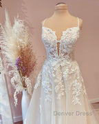 Modest Long A Line Spaghetti Straps Tulle Wedding Dresses with Appliques Lace