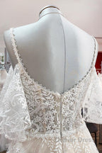 Modest Long A-line Sweetheart Tulle Lace Appliques Wedding Dresses with Sleeves