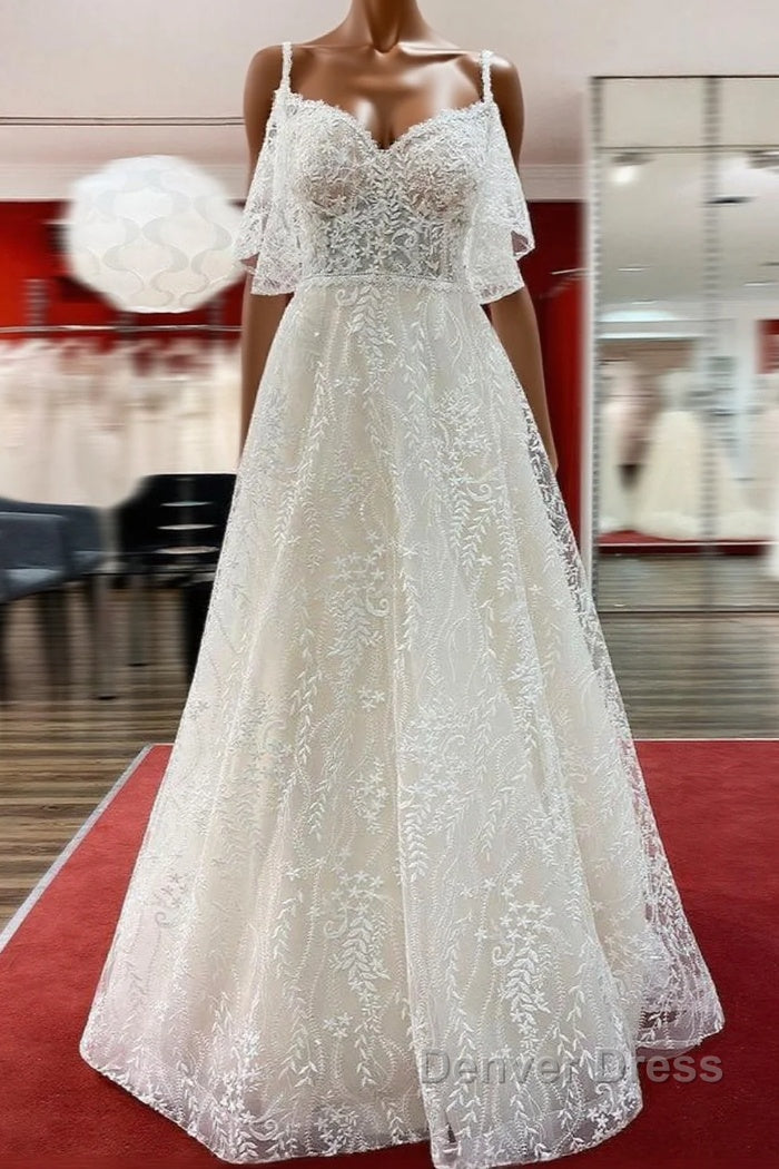 Modest Long A-line Sweetheart Tulle Lace Appliques Wedding Dresses with Sleeves Main image