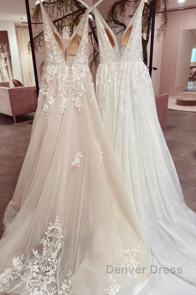 Modest Long A-line V-neck Backless Tulle Lace Wedding Dresses Secondary image