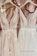 Modest Long A Line V Neck Backless Tulle Lace Wedding Dresses