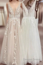 Modest Long A Line V Neck Backless Tulle Lace Wedding Dresses