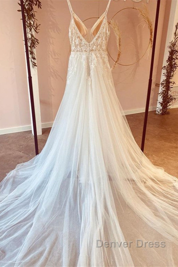 Modest Long A Line V Neck Spaghetti Straps Tulle Wedding Dresses with Appliques Lace