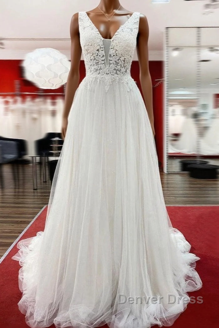Modest Long A Line V Neck Tulle Ruffles Backless Wedding Dresses With Lace Main image