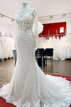 Modest Long Mermaid Sweetheart Tulle Lace Wedding Dresses with Sleeves