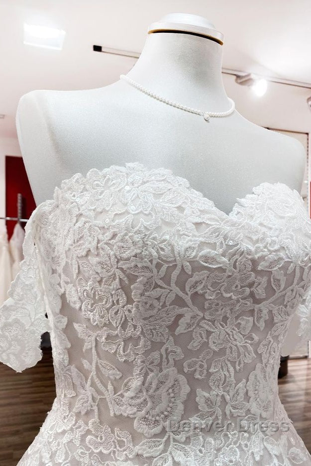 Modest Long Princess Off The Shoulder Tulle Lace Wedding Dresses