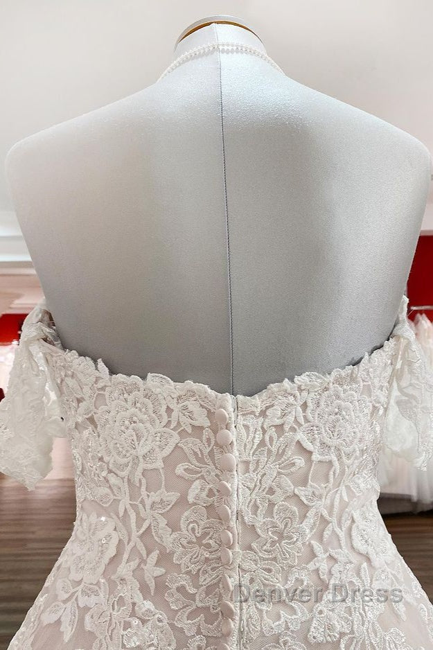 Modest Long Princess Off The Shoulder Tulle Lace Wedding Dresses