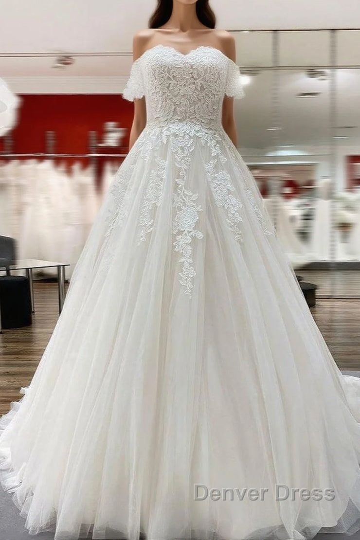 Modest Long Princess Off The Shoulder Tulle Lace Wedding Dresses Main image