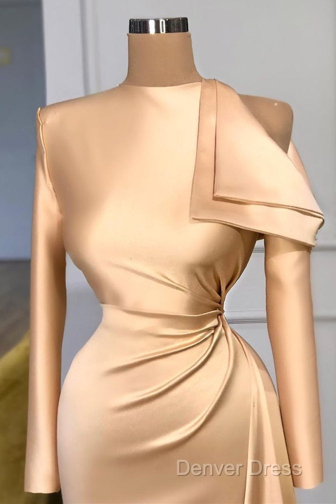 Modest Long Sleeves Ruched Mermaid Prom Dresses With Cool Shoudler