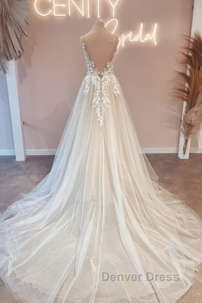 Modest Long V Neck Sleeveless Lace Backless Wedding Dresses Online Secondary image