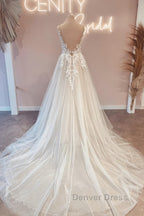 Modest Long V Neck Sleeveless Lace Backless Wedding Dresses Online