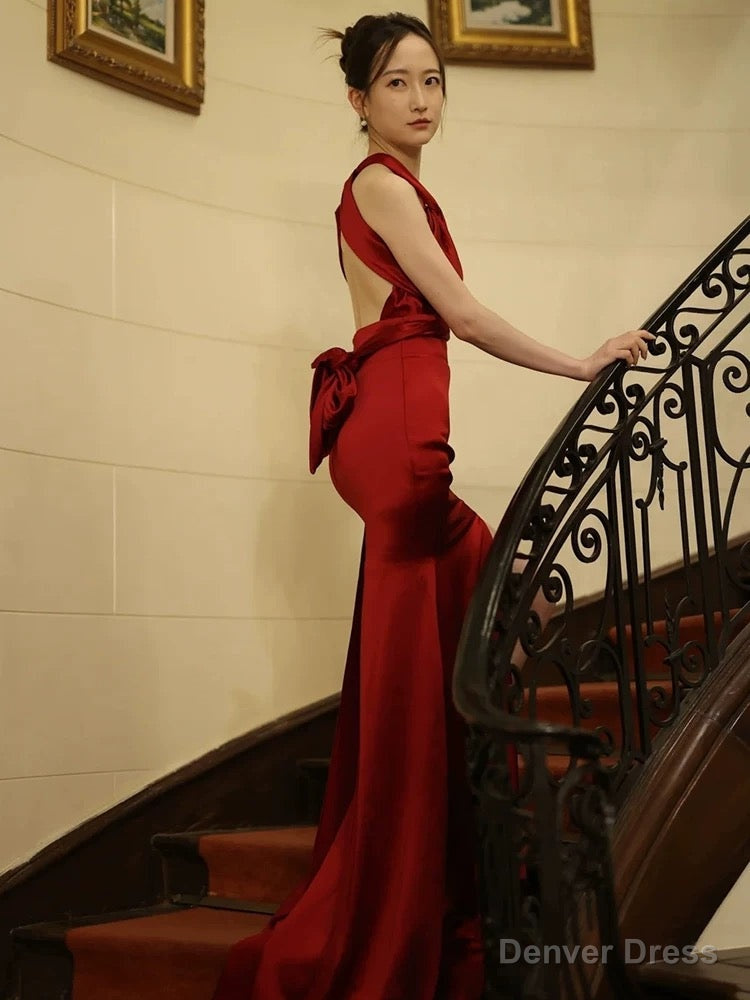 Modest Mermaid Backless Red Floor Length Prom Dress Satin Prom Dresses Secondary image