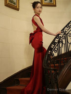Modest Mermaid Backless Red Floor Length Prom Dress Satin Prom Dresses