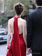 Modest Mermaid Backless Red Floor Length Prom Dress Satin Prom Dresses