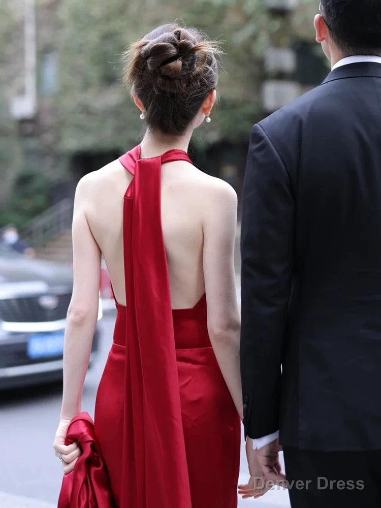 Modest Mermaid Backless Red Floor Length Prom Dress Satin Prom Dresses
