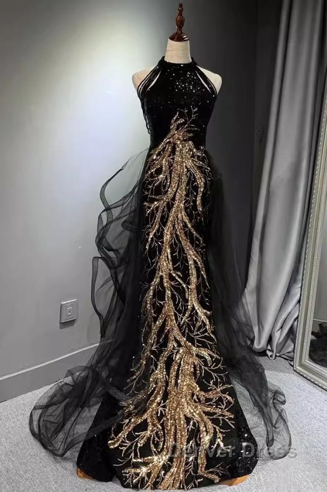 Modest Mermaid Halter Long Black Prom Dresses Secondary image