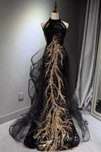 Modest Mermaid Halter Long Black Prom Dresses