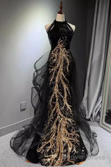 Modest Mermaid Halter Long Black Prom Dress