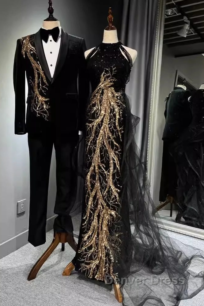 Modest Mermaid Halter Long Black Prom Dresses