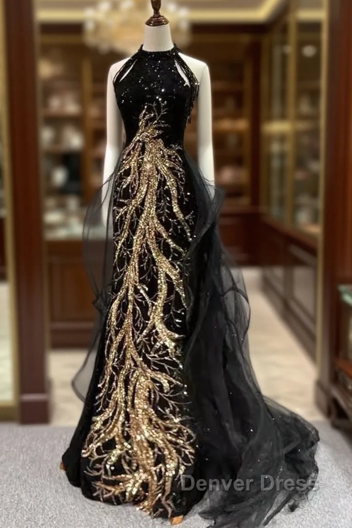 Modest Mermaid Halter Long Black Prom Dresses
