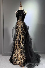Modest Mermaid Halter Long Black Prom Dress
