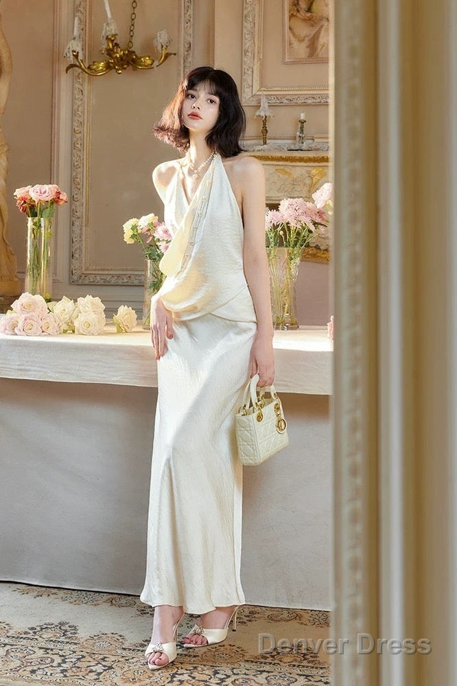 Modest Mermaid Halter Ruffles Long Evening Dress White Prom Dresses