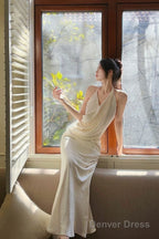 Modest Mermaid Halter Ruffles Long Evening Dress White Prom Dresses