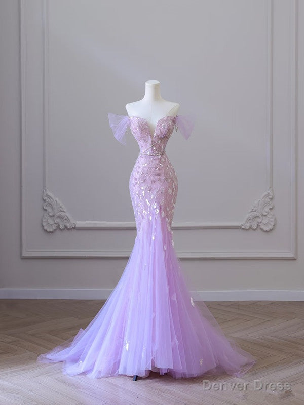 Modest Mermaid Off The Shoulder Lilac Tulle Flowers Prom Dress Long Prom Dresses