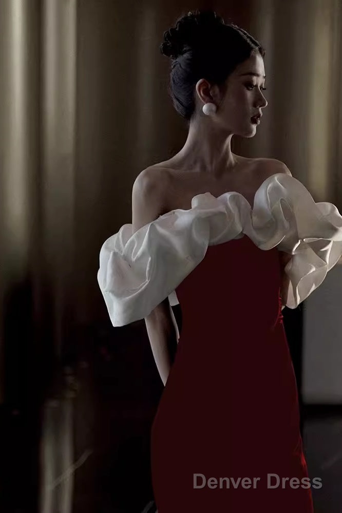 Modest Mermaid Off The Shoulder Long Red Satin Prom Dress