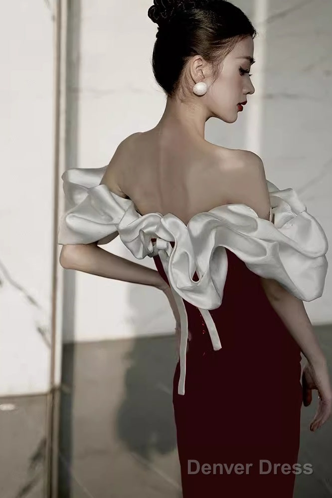 Modest Mermaid Off The Shoulder Long Red Satin Prom Dress