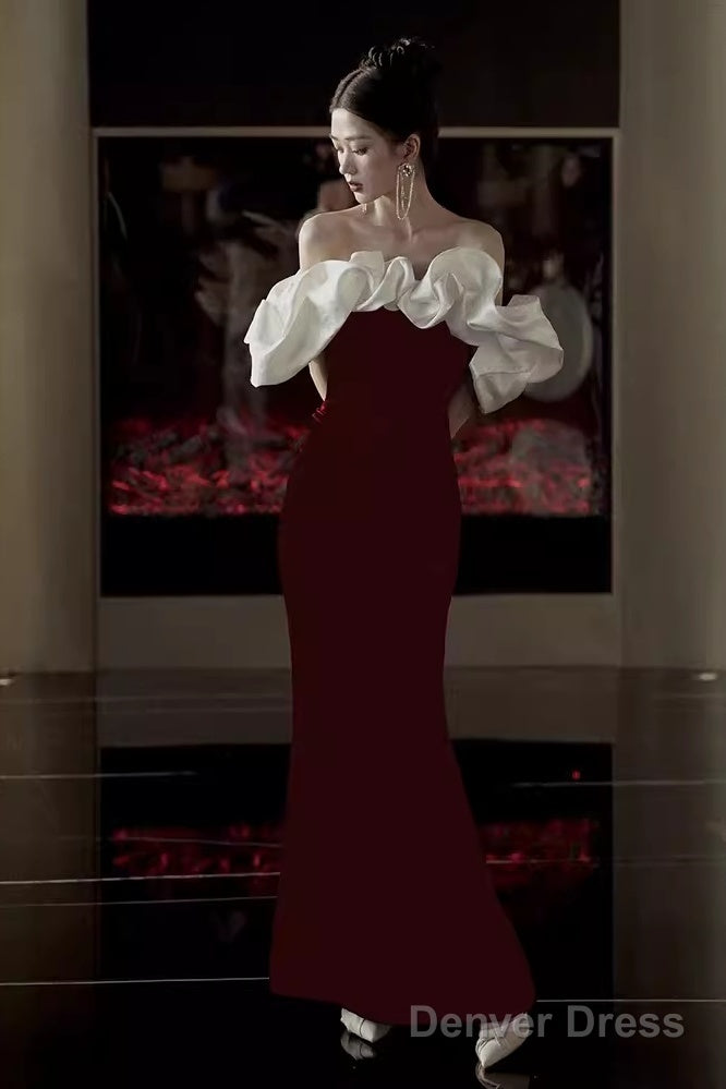 Modest Mermaid Off The Shoulder Long Red Satin Prom Dress Main image