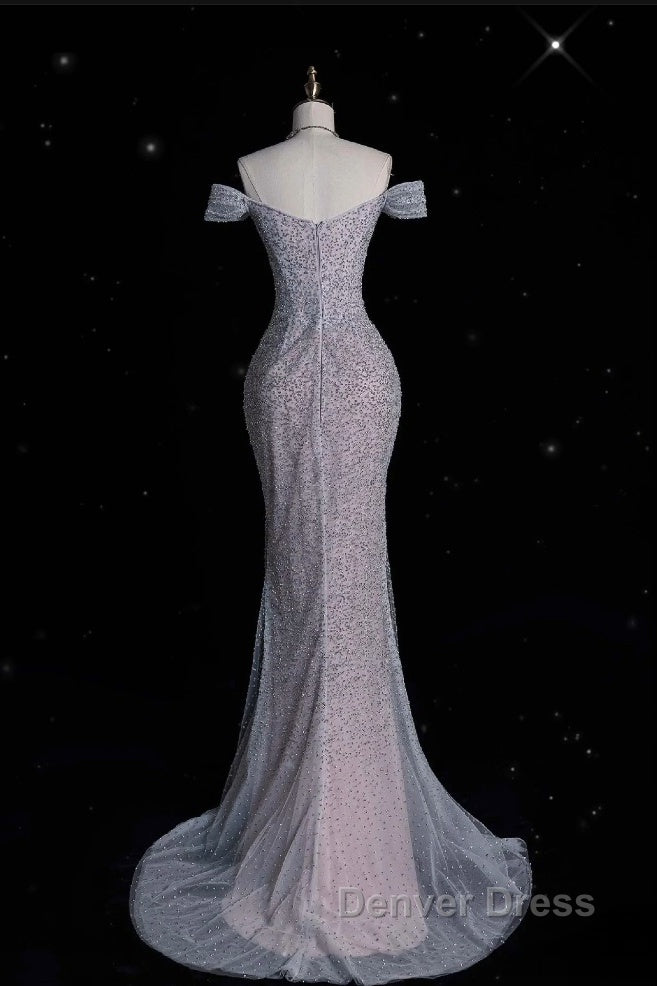 Modest Mermaid Off The Shoulder Sequin Long Prom Dresses Formal Graduation Party Dresses Evening Dresses