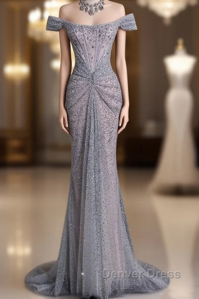 Modest Mermaid Off The Shoulder Sequin Long Prom Dresses Formal Graduation Party Dresses Evening Dresses Main image