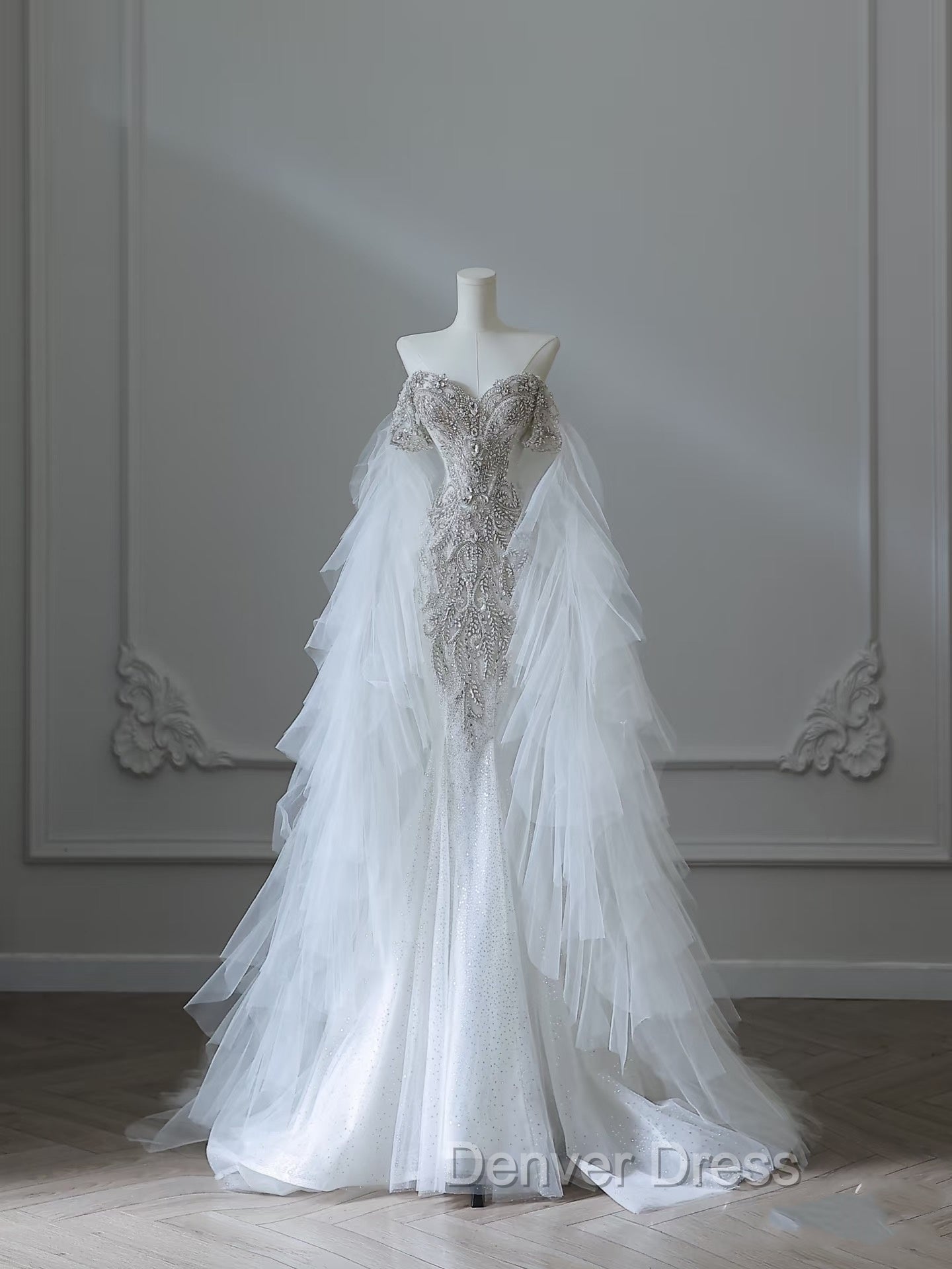 Modest Mermaid Off The Shoulder White Tulle Long Wedding Dress Brides Dresses Ss3843