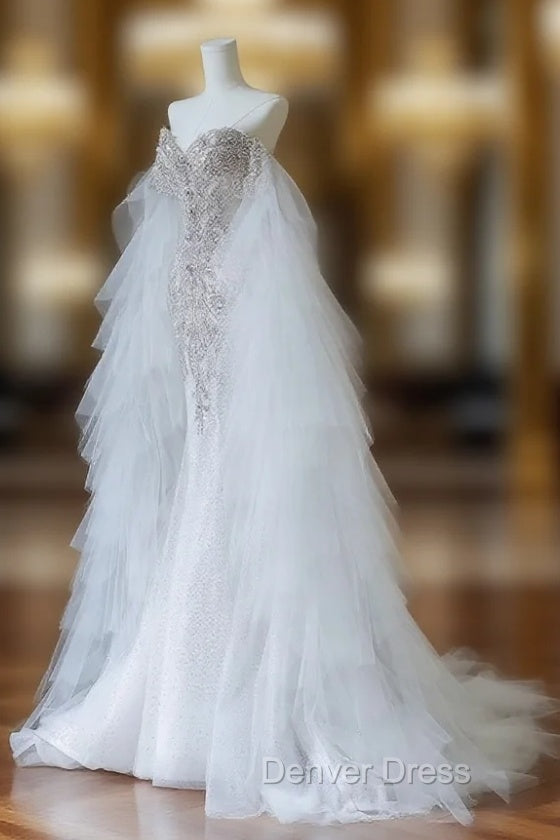 Modest Mermaid Off The Shoulder White Tulle Long Wedding Dresses Brides Dresses Main image