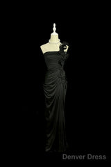 Modest Mermaid One Shoulder Black Satin Long Prom Dress Party Dress