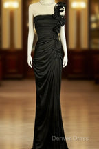 Modest Mermaid One Shoulder Black Satin Long Prom Dresses Party Dresses