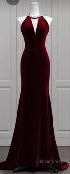 Modest Mermaid Scoop Neckline Burgundy Velvet Long Party Dresses Prom Dresses