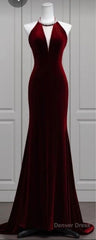 Modest Mermaid Scoop Neckline Burgundy Velvet Long Party Dress Prom Dress