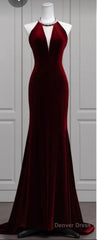 Modest Mermaid Scoop Neckline Burgundy Velvet Long Party Dress Prom Dress