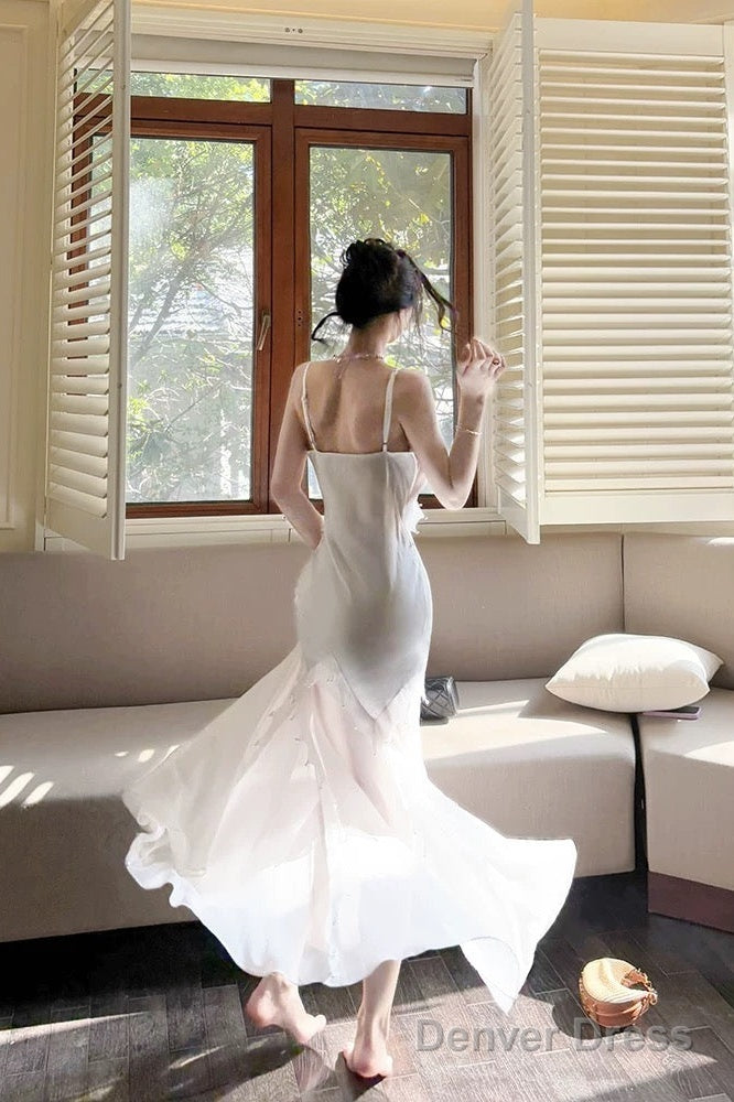 Modest Mermaid Spaghetti Straps White Long Evening Dress Prom Dresses