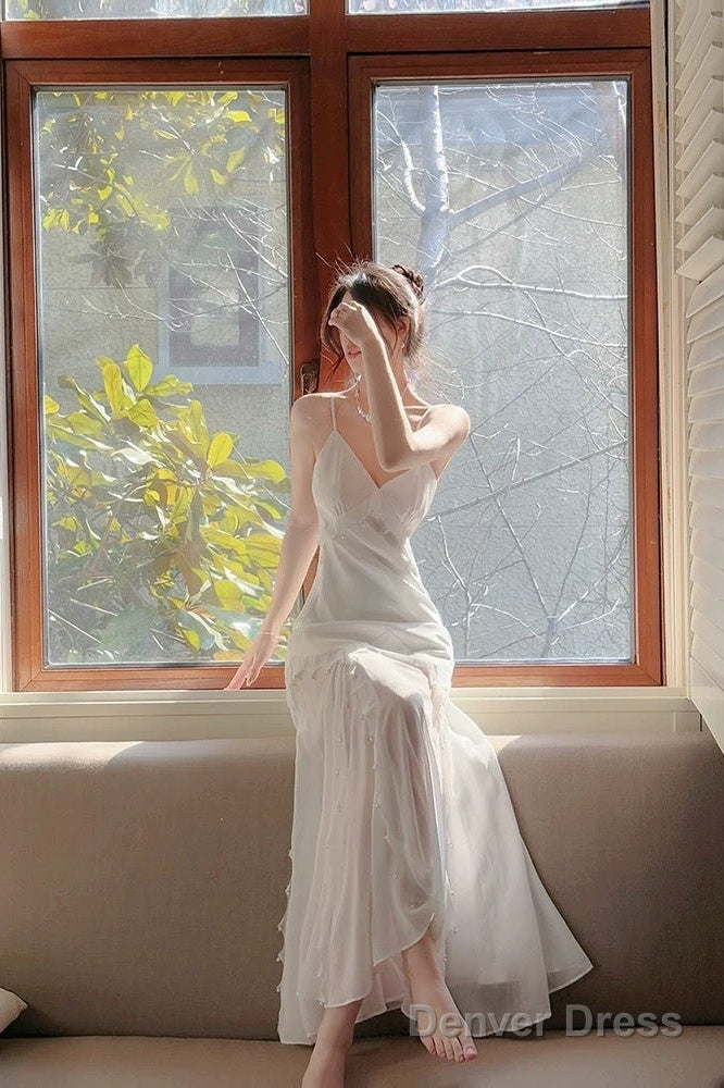 Modest Mermaid Spaghetti Straps White Long Evening Dress Prom Dresses