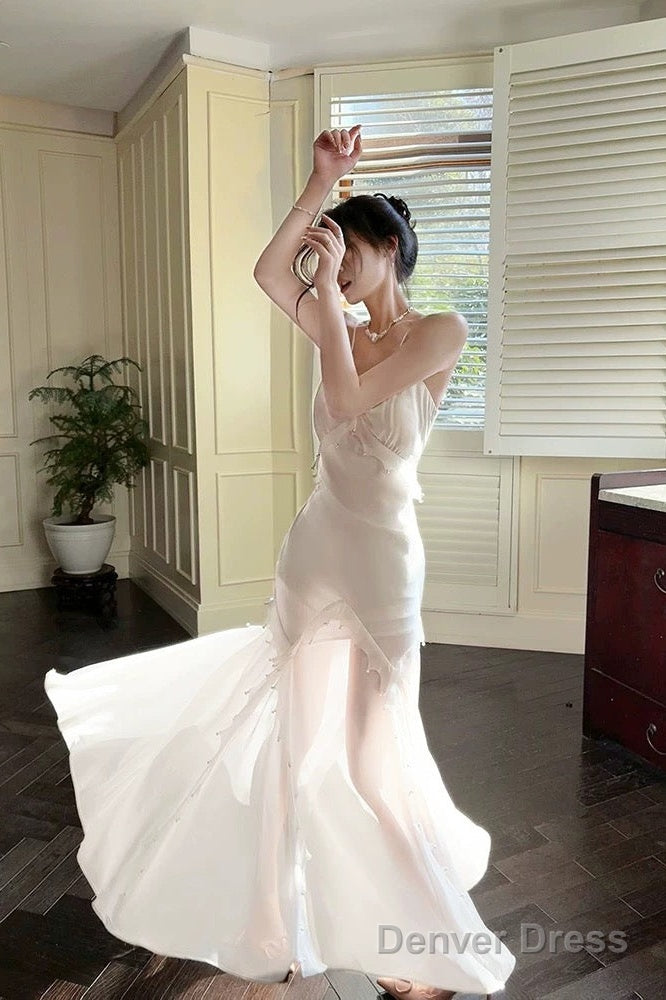 Modest Mermaid Spaghetti Straps White Long Evening Dress Prom Dresses Main image